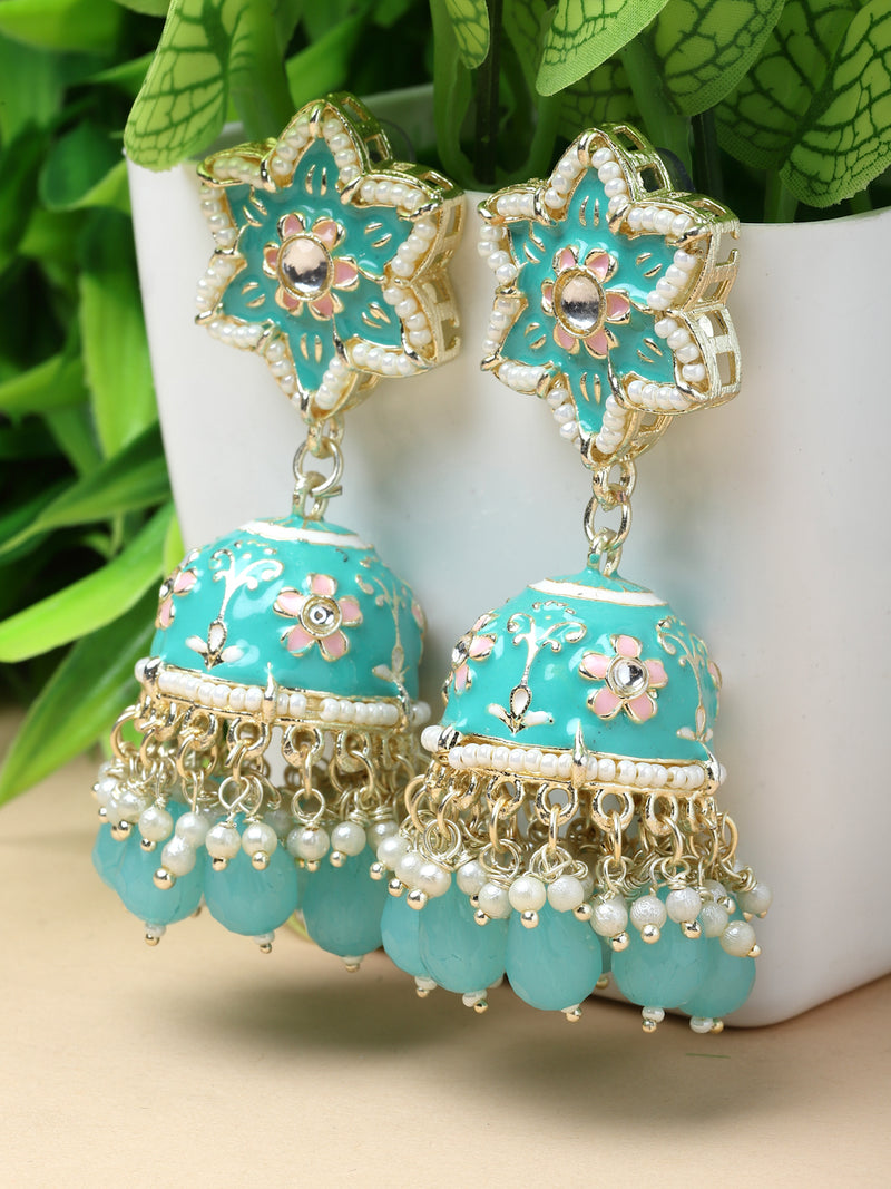 Gold-Plated Sky Blue & White Kundan-Pearls studded Star Shaped Enamelled Jhumka Earrings