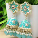 Gold-Plated Sky Blue & White Kundan-Pearls studded Star Shaped Enamelled Jhumka Earrings