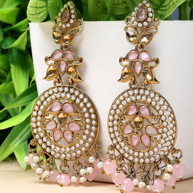 Gold-Plated Pink Kundan & White Pearls studded Antique Classic Drop Earrings