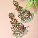 Gold-Plated Sea Green Kundan & White Pearls studded Antique Classic Drop Earrings