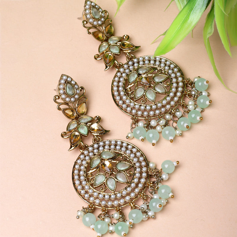 Gold-Plated Sea Green Kundan & White Pearls studded Antique Classic Drop Earrings