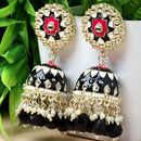 Gold-Plated Black Kundan & White Pearls studded Dome Shaped Handcrafted Jhumka Earrings