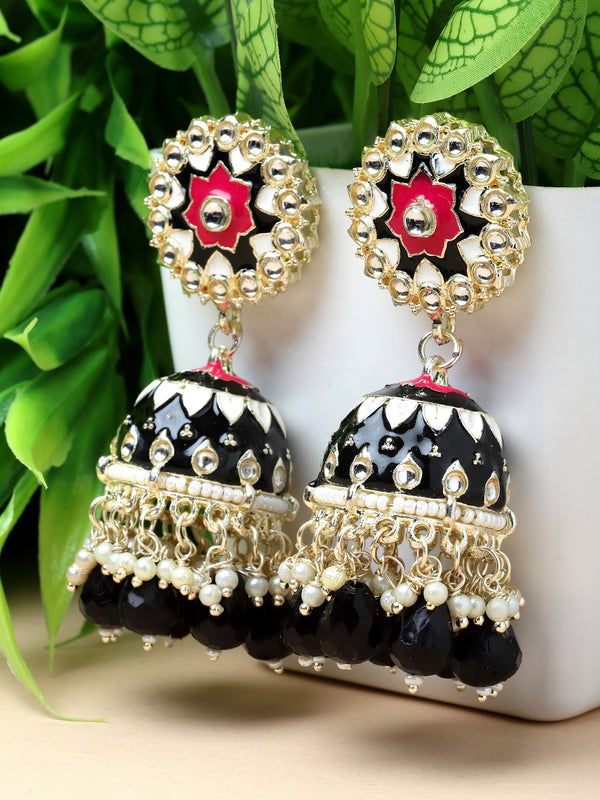 Gold-Plated Black Kundan & White Pearls studded Dome Shaped Handcrafted Jhumka Earrings
