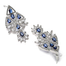 Rhodium Plated Elongated Blue American Diamond Contemporary Long Drop Earrings