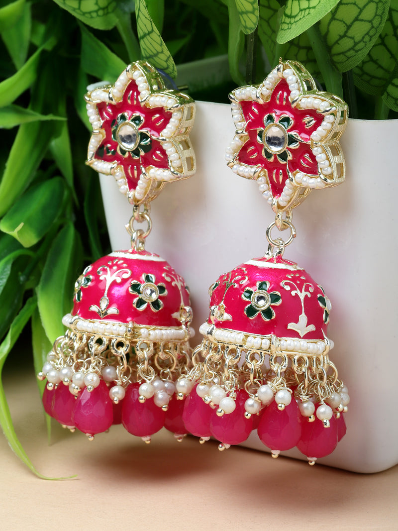 Gold-Plated Pink & White Kundan-Pearls studded Star Shaped Enamelled Jhumka Earrings