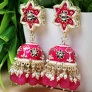Gold-Plated Pink & White Kundan-Pearls studded Star Shaped Enamelled Jhumka Earrings