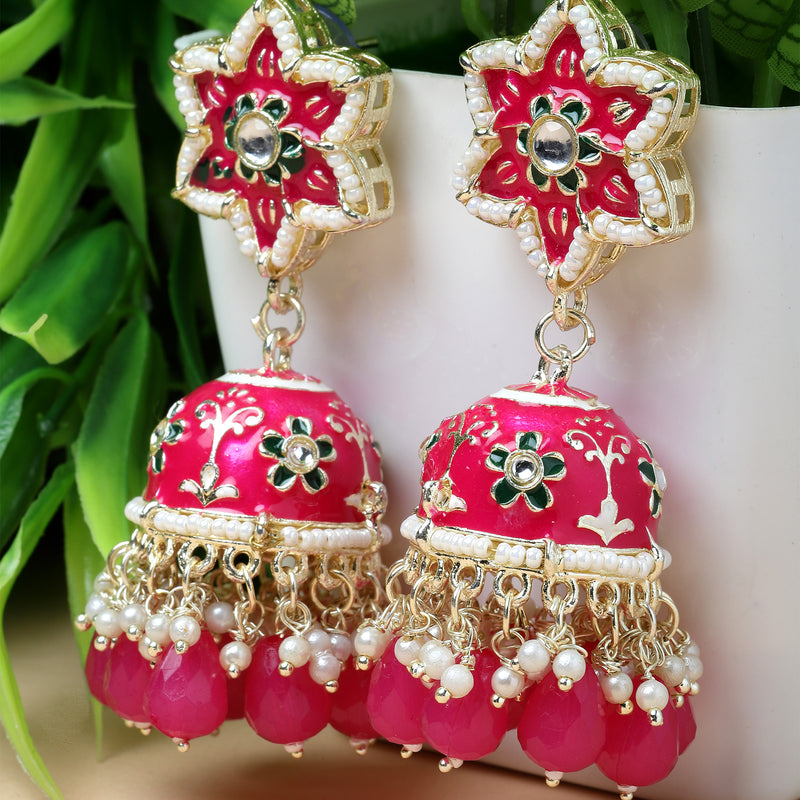 Gold-Plated Pink & White Kundan-Pearls studded Star Shaped Enamelled Jhumka Earrings