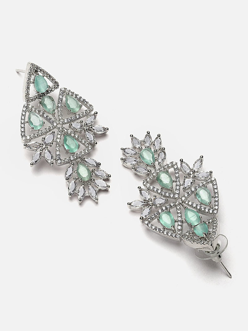 Rhodium-Plated Sea Green & White American Diamond studded Triangular Shaped Drop Earrings