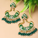 Gold-Plated Green Kundan & White Pearls studded Peacock Shaped Handcrafted Drop Earrings