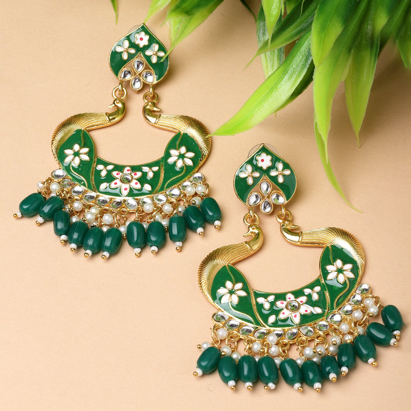 Gold-Plated Green Kundan & White Pearls studded Peacock Shaped Handcrafted Drop Earrings