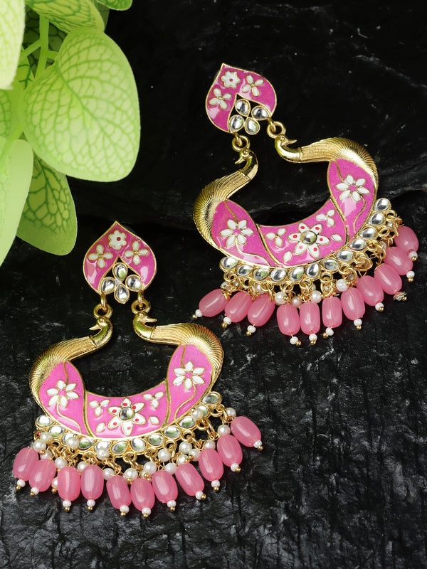 Gold-Plated Pink Kundan & White Pearls studded Peacock Shaped Handcrafted Drop Earrings
