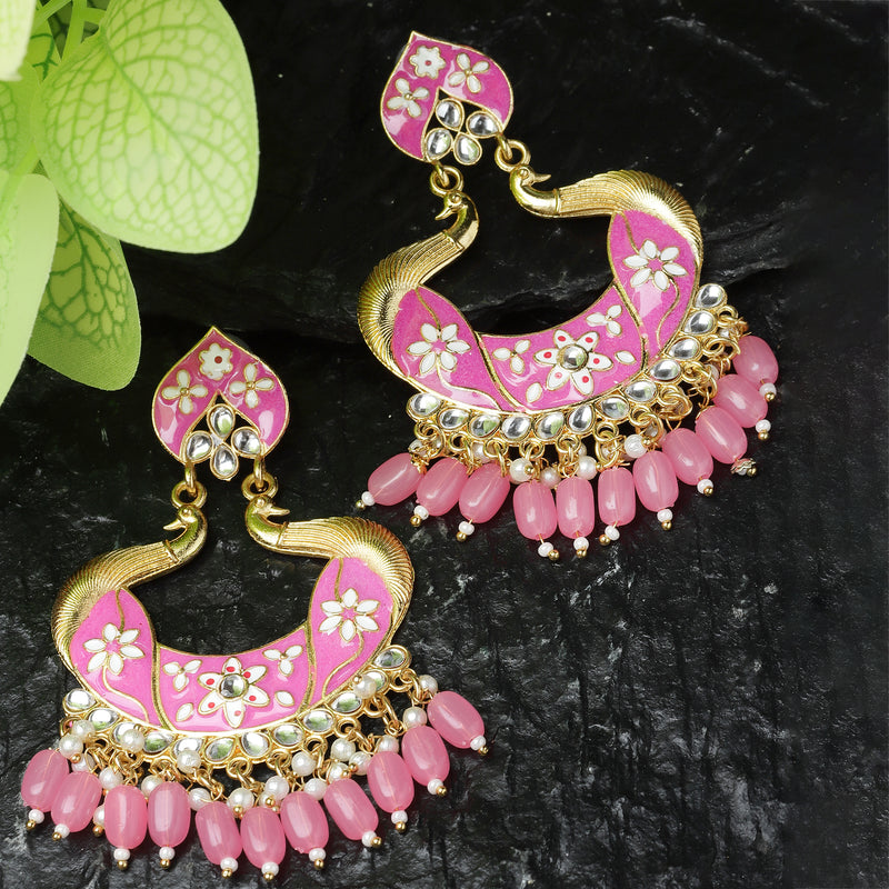 Gold-Plated Pink Kundan & White Pearls studded Peacock Shaped Handcrafted Drop Earrings
