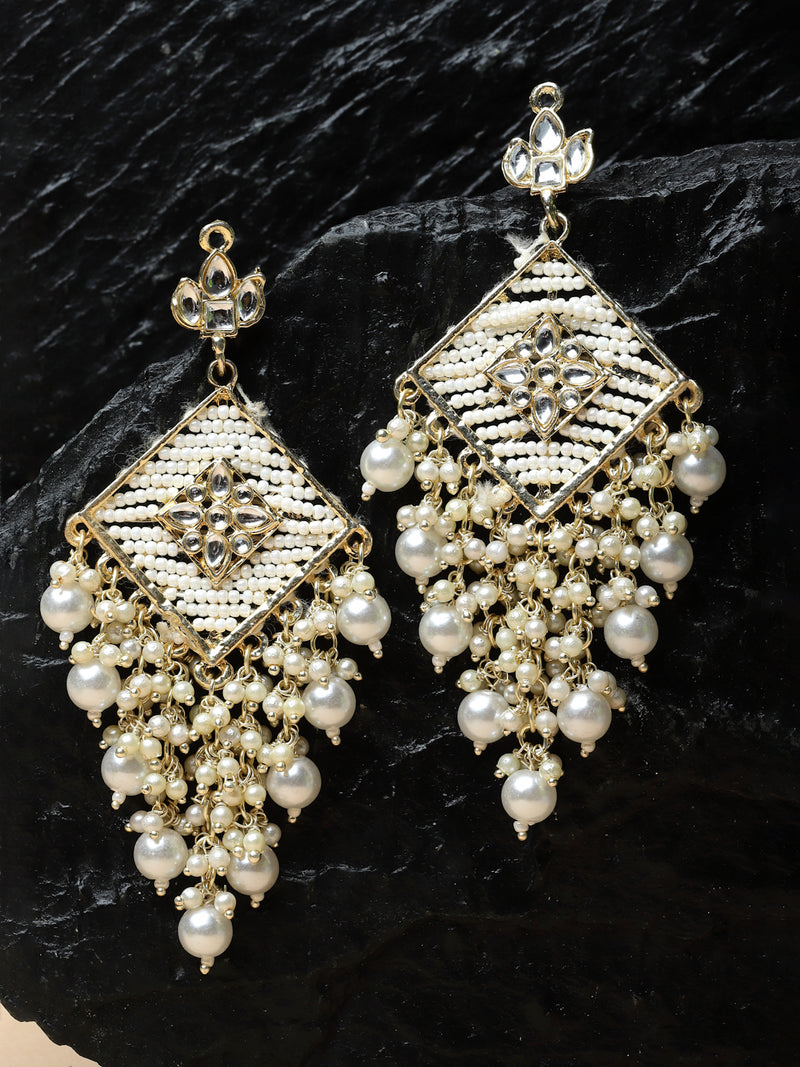 Gold-Plated White Kundan-Pearls studded Contemporary Tasselled Drop Earrings