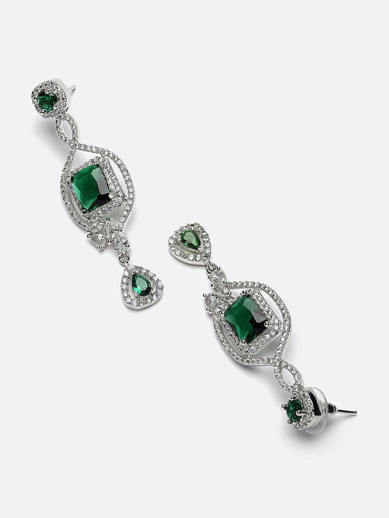 Rhodium-Plated Green American Diamond studded Square Shaped Handcrafted Drop Earrings