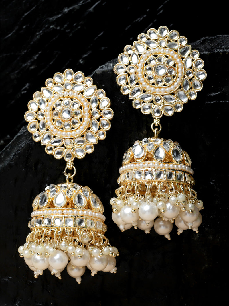 Gold-Plated White Kundan-Pearls studded Vilandi Jhumka Earrings