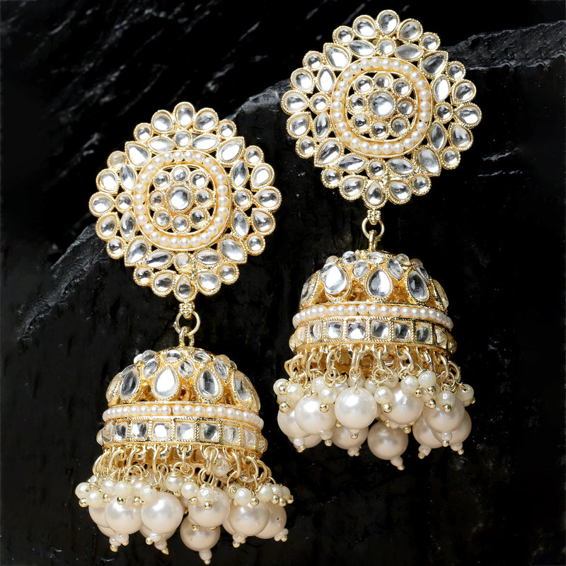 Gold-Plated White Kundan-Pearls studded Vilandi Jhumka Earrings