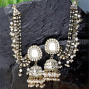 Oxidised Silver-Plated White Pearl studded Jhumka Earrings with Ear Chain