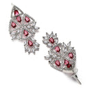 Rhodium Plated Elongated Red American Diamond Contemporary Long Drop Earrings