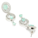 Rhodium Plated Oval & Teardrop Sea Green American Diamond Contemporary Long Drop Earrings