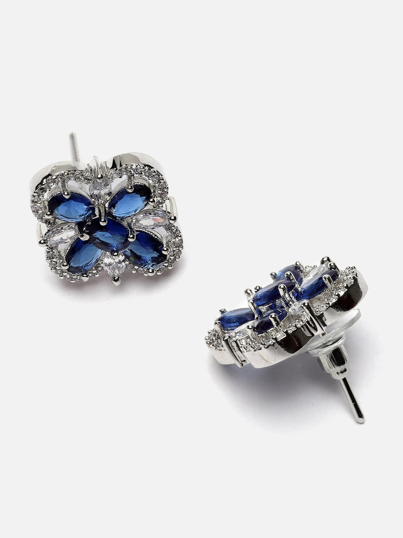 Rhodium-Plated Navy Blue American Diamond studded Floral Shaped Stud Earrings