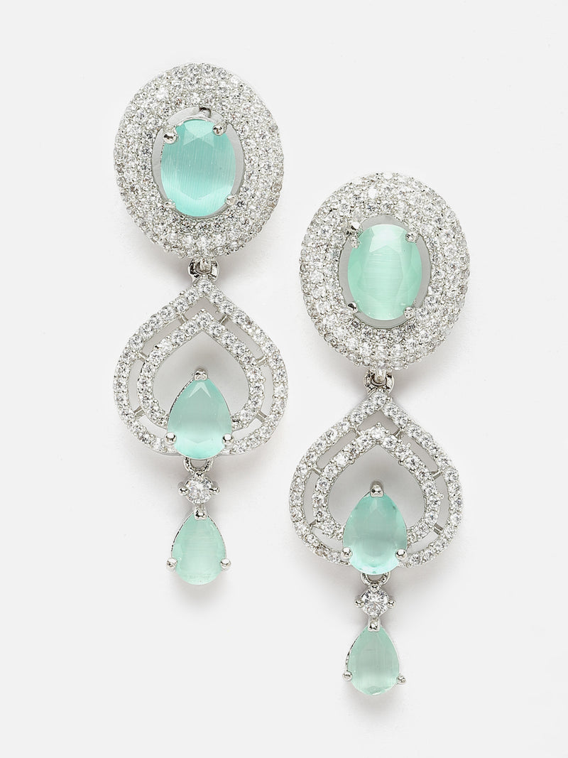Rhodium-Plated Sea Green American Diamond studded Handcrafted Oval & Teardrop Shaped Drop Earrings