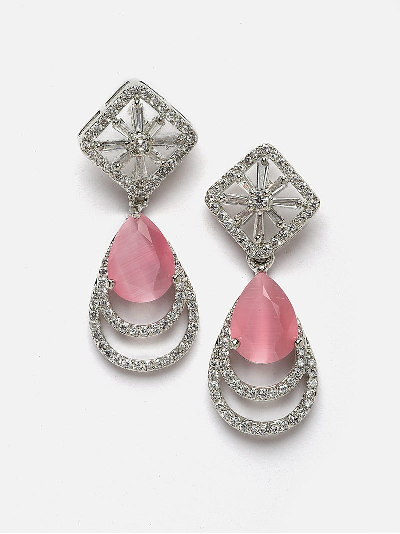 Rhodium-Plated Pink American Diamond studded Handcrafted Teardrop Layered Drop Earrings