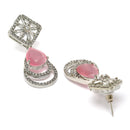 Rhodium Plated Geometric Shape Pink American Diamond Contemporary Drop Earrings