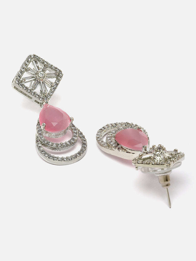 Rhodium-Plated Pink American Diamond studded Handcrafted Teardrop Layered Drop Earrings