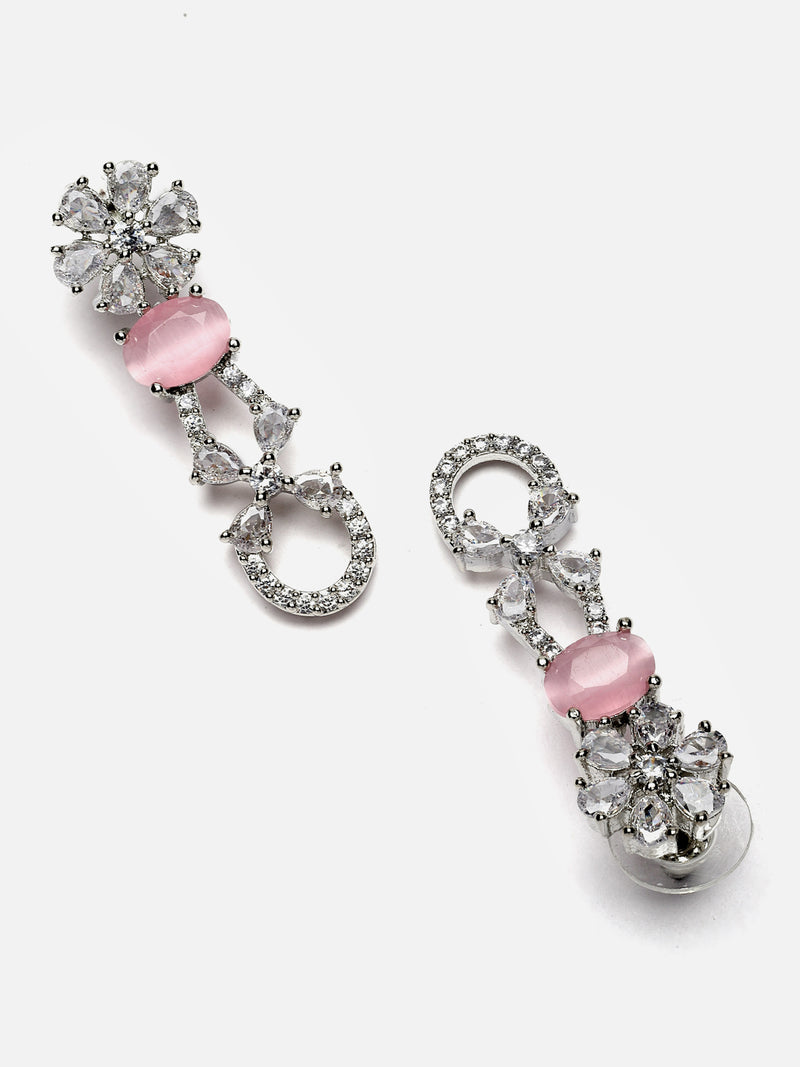 Rhodium-Plated Pink American Diamond studded Floral Shaped Drop Earrings
