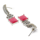 Rhodium Plated Square Pink American Diamond Contemporary Long Drop Earrings