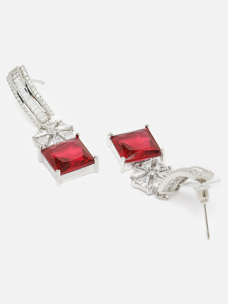 Rhodium-Plated Red American Diamond studded Square & Floral Shaped Drop Earrings