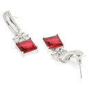 Rhodium Plated Square Red American Diamond Contemporary Long Drop Earrings