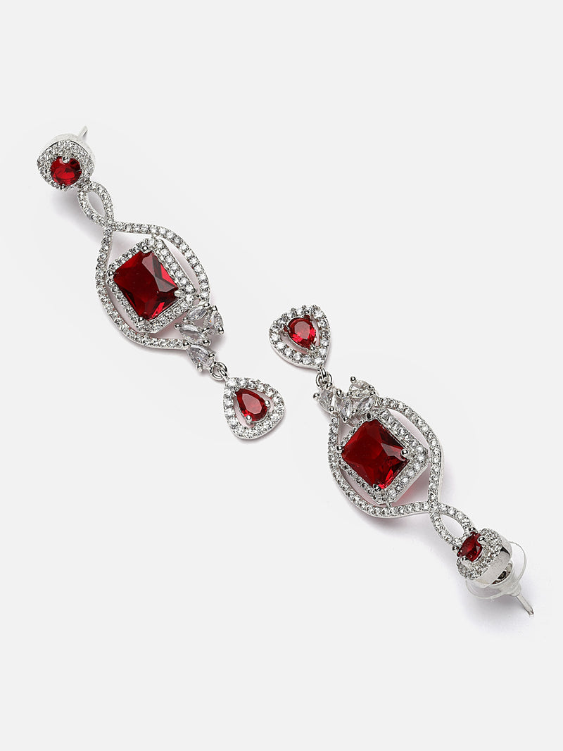 Rhodium-Plated Red American Diamond studded Square Shaped Handcrafted Drop Earrings