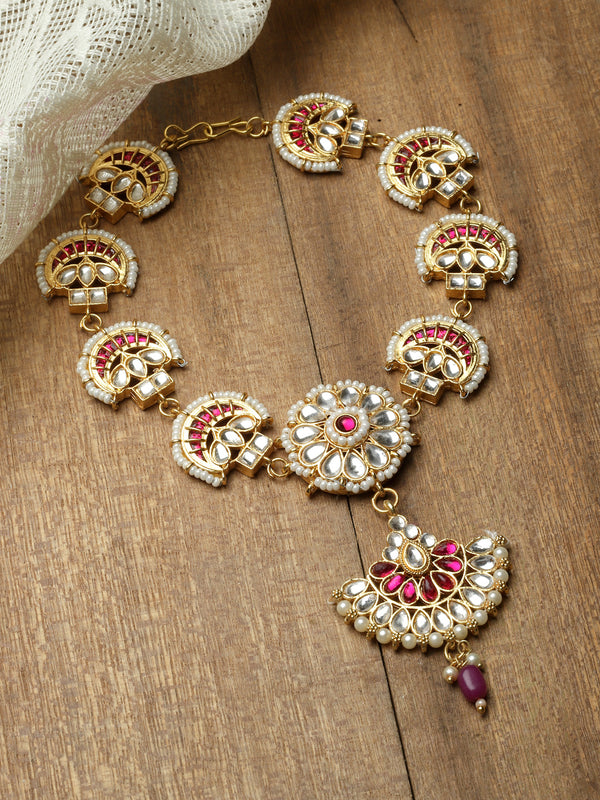 Gold-Plated White Kundan studded Borla Style Vilandi Crescent Shaped Sheeshphool