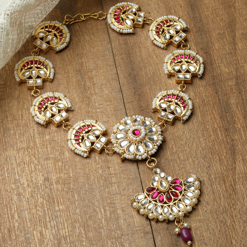 Gold-Plated Red Kundan studded Crescent Shaped Sheeshphool