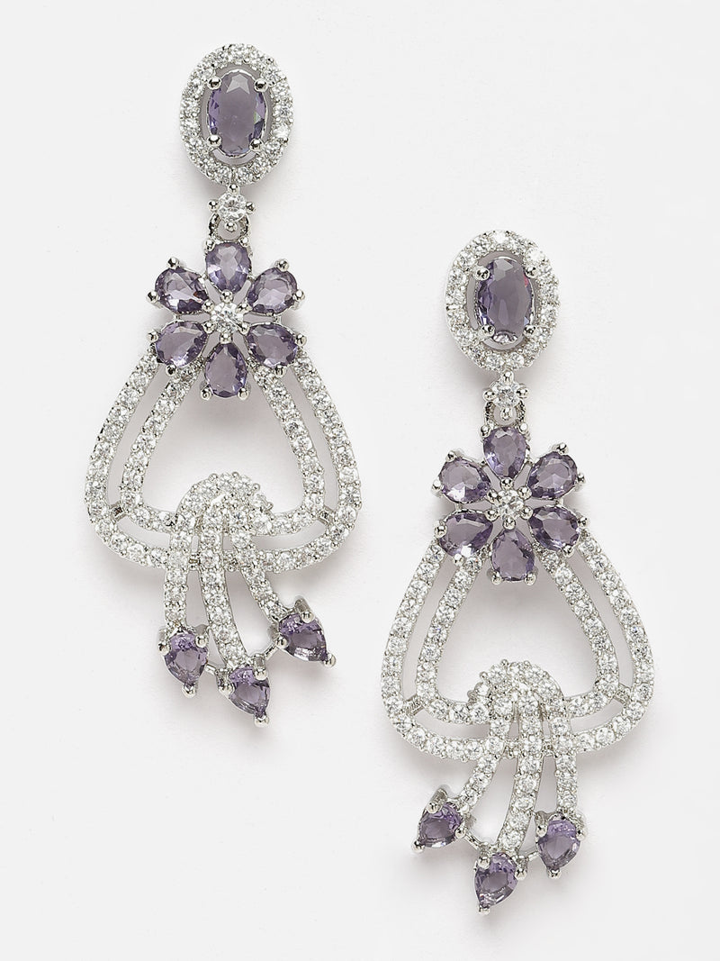 Rhodium-Plated Purple & White American Diamond studded Floral Shaped Drop Earrings