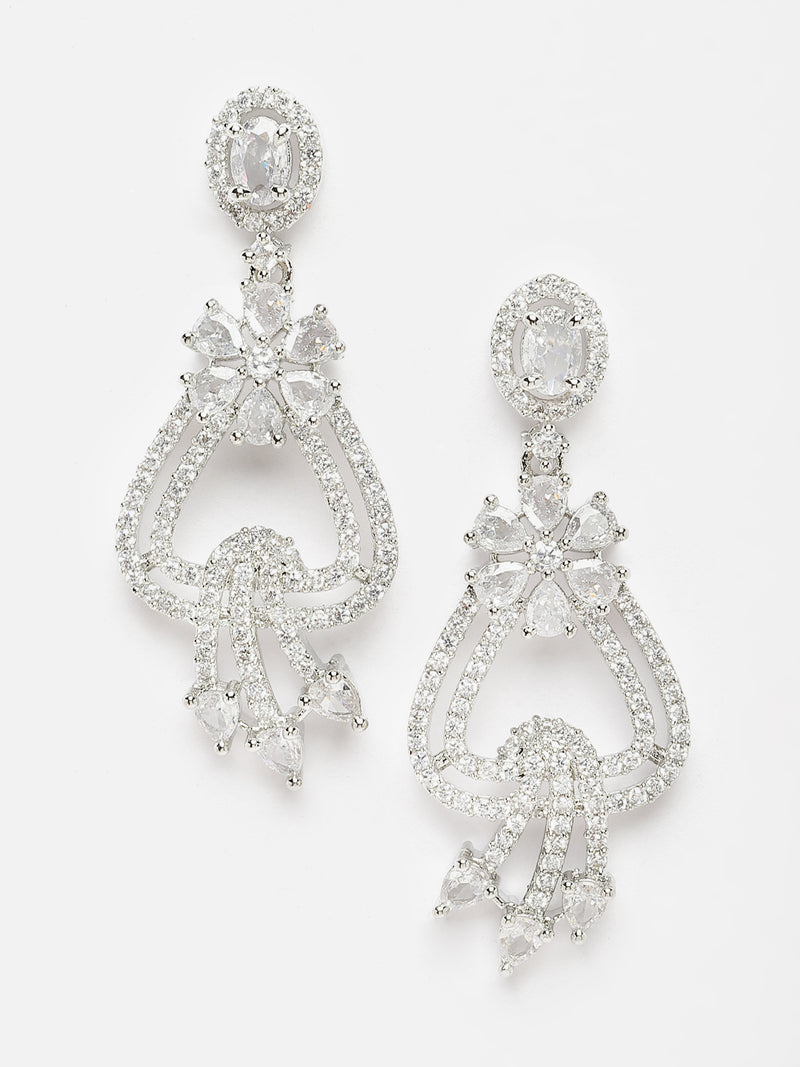 Rhodium-Plated White American Diamond studded Floral Shaped Drop Earrings