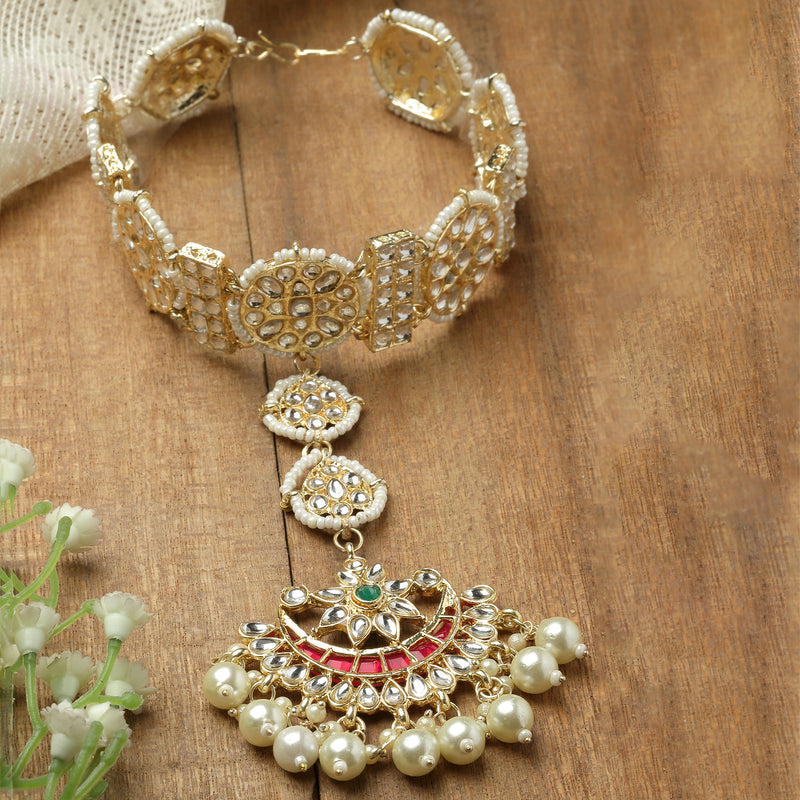 Gold-Plated Round & Rectangular White Kundan studded Crescent Shaped Sheeshphool