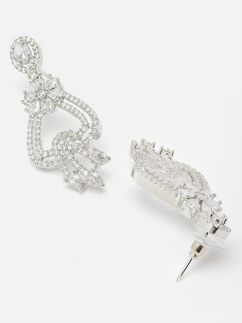 Rhodium-Plated White American Diamond studded Floral Shaped Drop Earrings