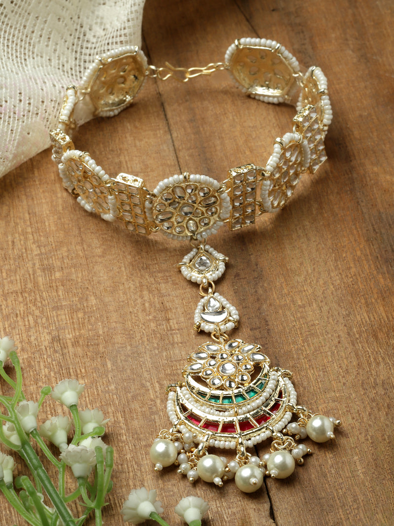 Gold-Plated White Kundan studded Borla Style Vilandi Crescent Shaped Sheeshphool