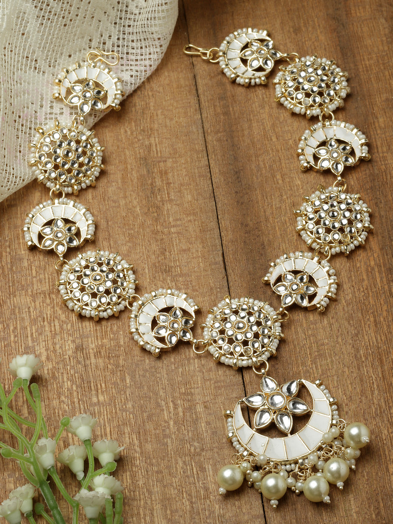 Gold-Plated White Kundan studded Vilandi Crescent Shaped Sheeshphool