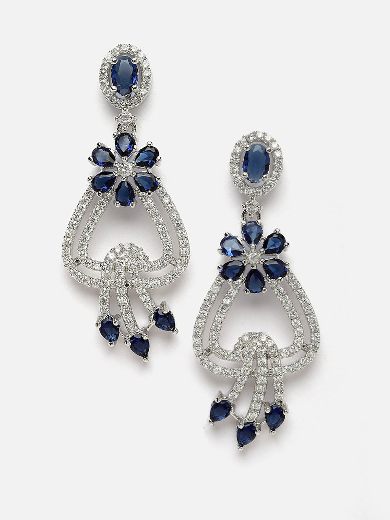 Rhodium-Plated Navy Blue & White American Diamond studded Floral Shaped Drop Earrings