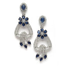 Rhodium-Plated Navy Blue & White American Diamond studded Floral Shaped Drop Earrings