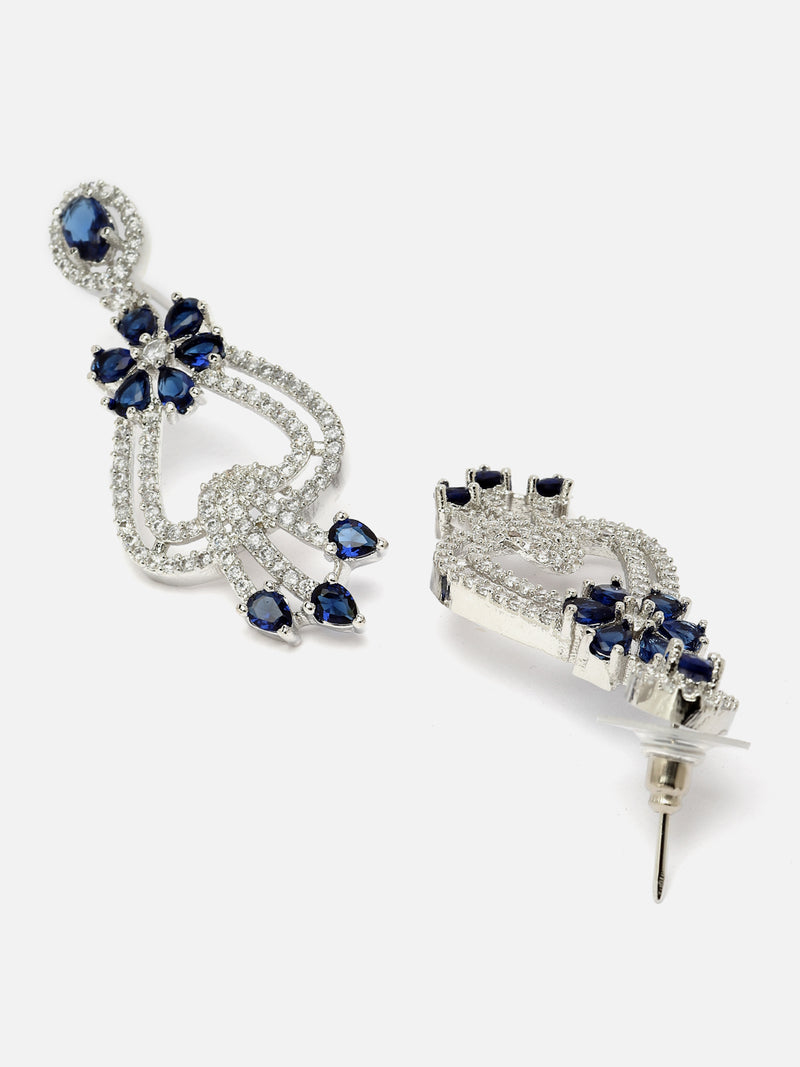 Rhodium-Plated Navy Blue & White American Diamond studded Floral Shaped Drop Earrings