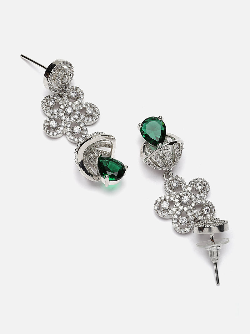 Rhodium-Plated Green American Diamond studded Dome & Teardrop Shaped Jhumka Earrings