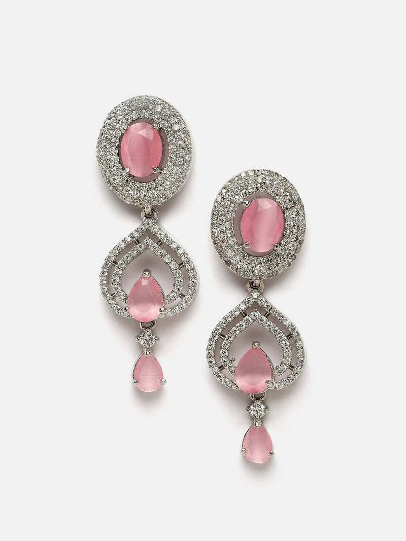 Rhodium-Plated Pink American Diamond studded Handcrafted Oval & Teardrop Shaped Drop Earrings