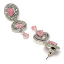 Rhodium Plated Oval & Teardrop Pink American Diamond Contemporary Long Drop Earrings