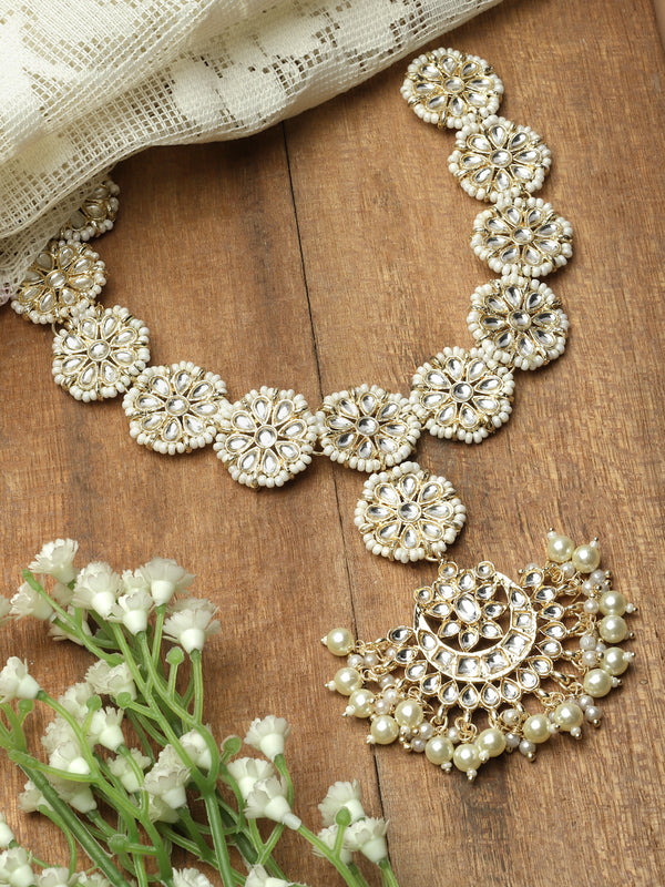 Gold-Plated White Kundan studded Vilandi Crescent Shaped Sheeshphool