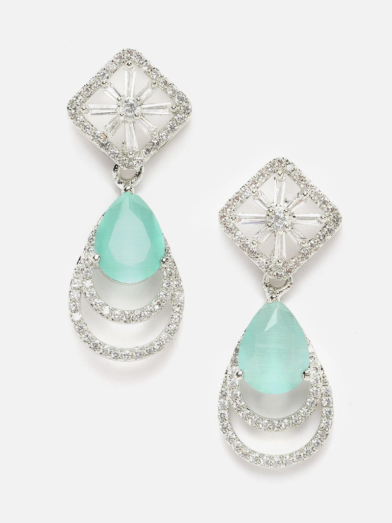 Rhodium-Plated Sea Green American Diamond studded Handcrafted Teardrop Layered Drop Earrings