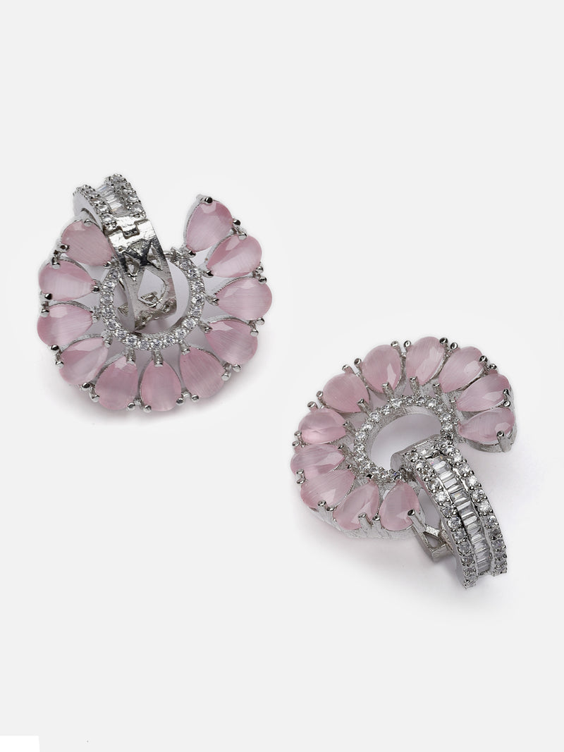 Rhodium-Plated Pink & White American Diamond studded Floral Drop Earrings